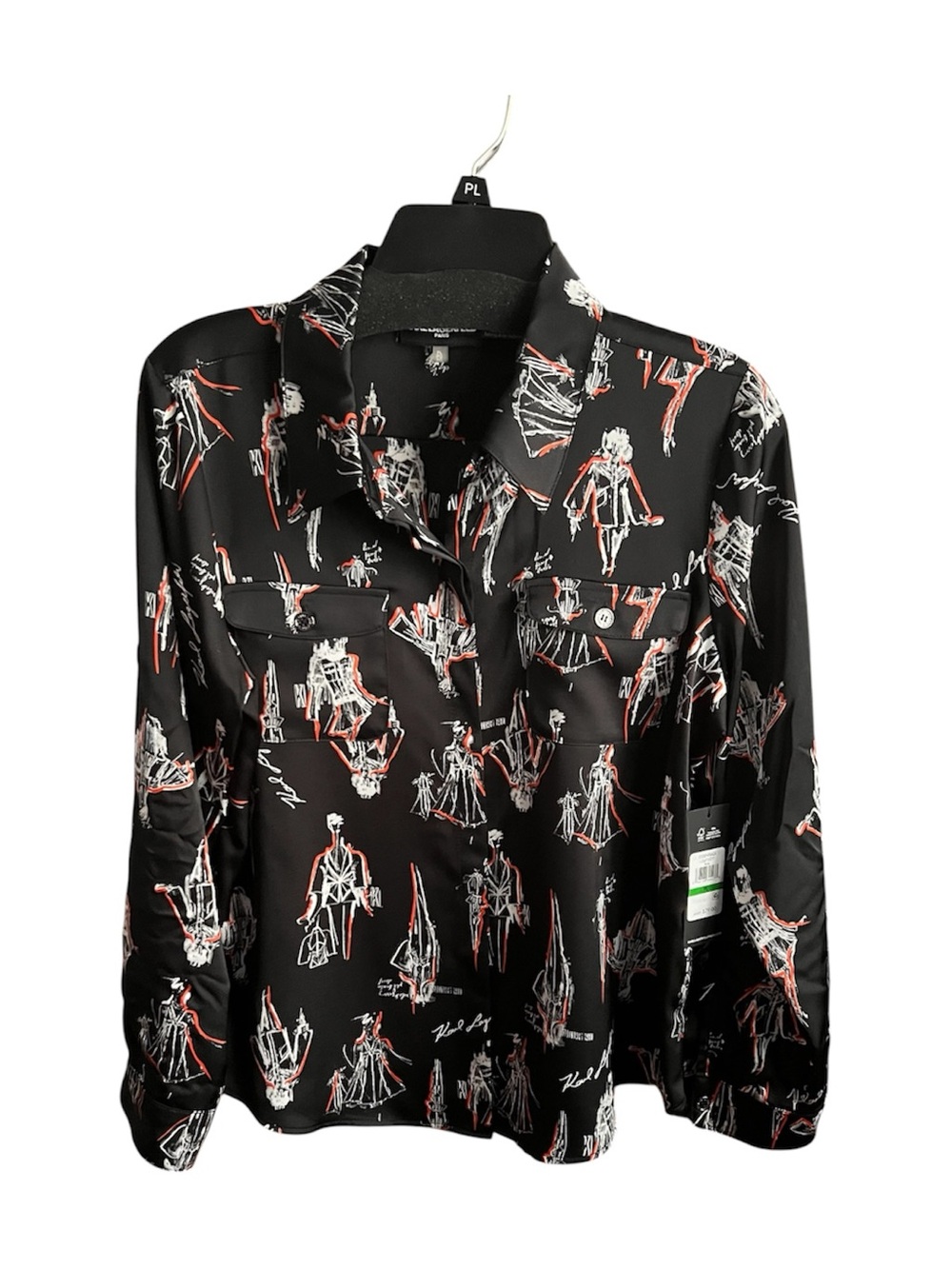 Karl Lagerfeld Black Blouse with Red & White Sketch Motif
